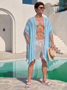 Ironwick Desain Fashion Baru Eropa & Amerika, Warna Polos, Kardigan Santai untuk Liburan, Kasual, dan Berumbai, Kemeja Pantai Bohemian Pria dengan Bagian Depan Terbuka - Biru - View 3