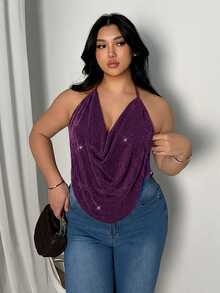Firerie Plus Size Women's Rhinestone Decorated Fashion Versatile Daily Wear Halter Neck Top - Red Violet - View 5