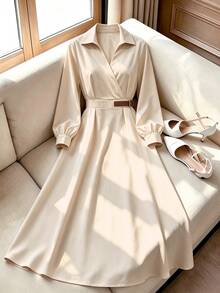 GlowEve Apricot Cross Shirt Collar Belt Wrap Elegant Commute Women Long Dress - Apricot - View 1