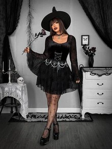 Whyspr Plus Size Dark Gothic Vintage Velvet Black Mesh Patchwork Bell Sleeve Cinched Cinched Waist Dress Fall - Black - View 4