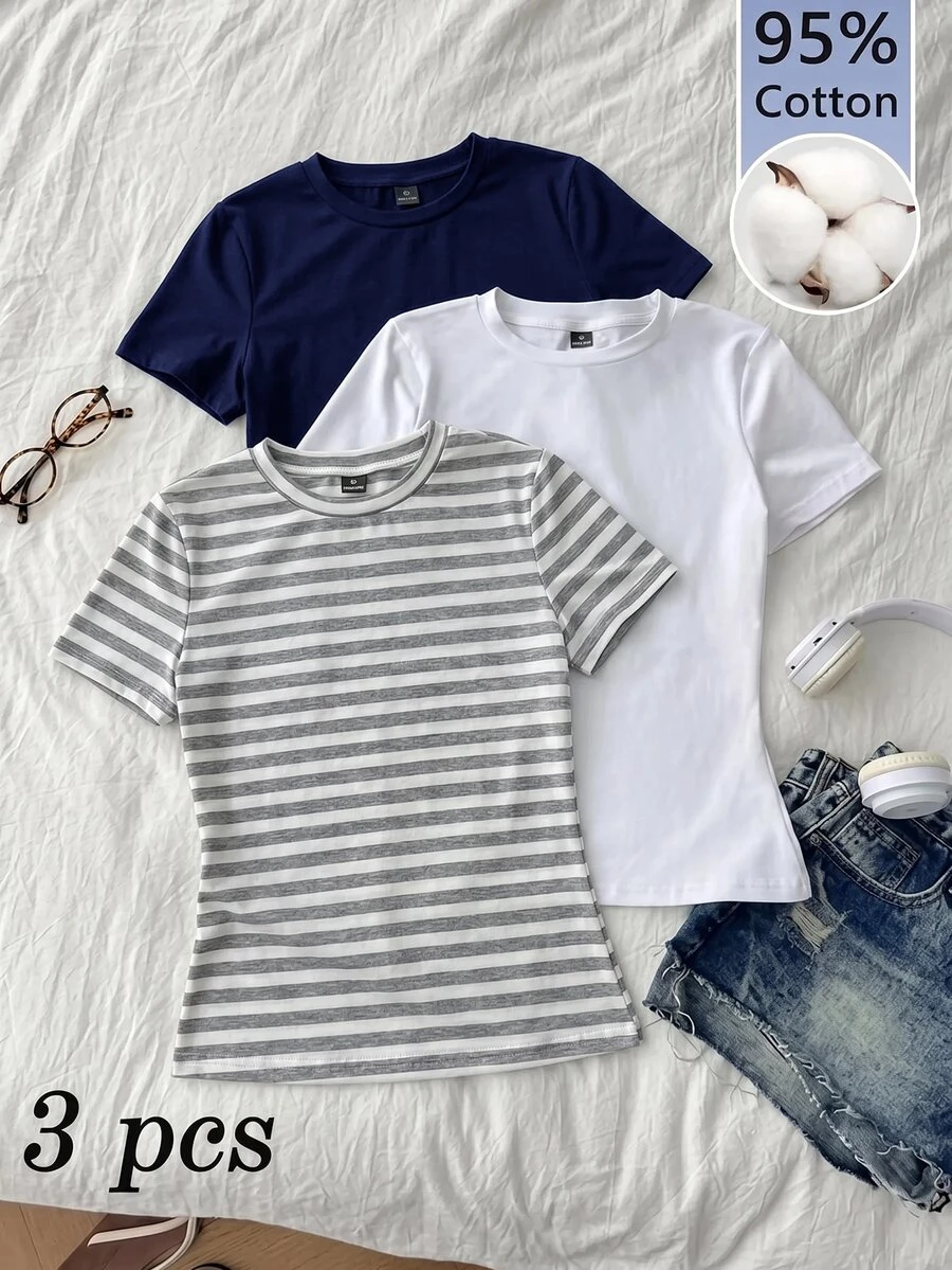 Tseoso 女款 3 件組 95% 棉圓領短袖修身 T-shirt – 黑色、白色與灰色條紋 - 彩色 - 查看 1