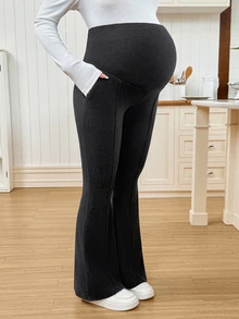 SHEIN Maternity Solid Color Adjustable Waistband Pocket Leggings - Dark Grey - View 3