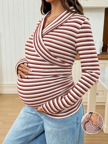 SHEIN Maternity Casual Striped Nursing Top For Autumn - Multicolor - View 1