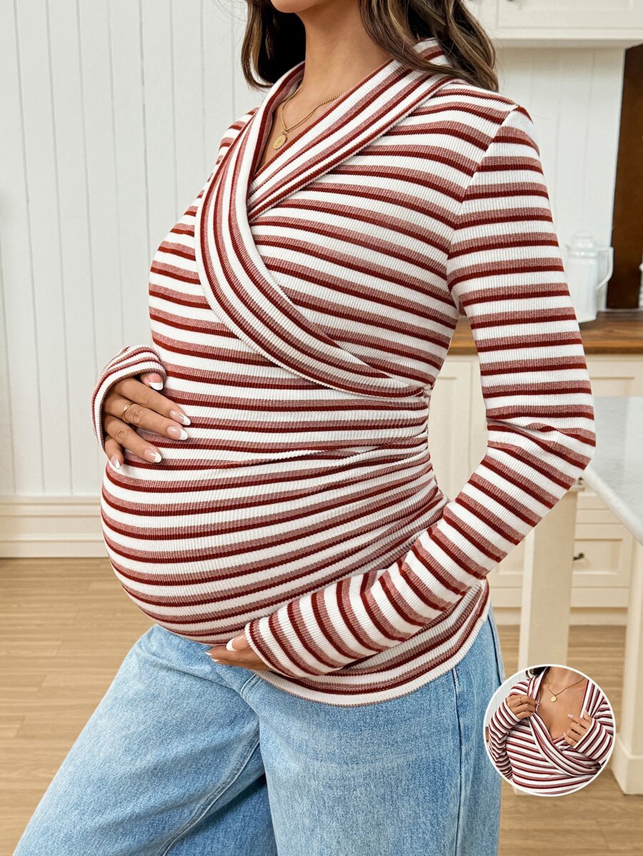 SHEIN Maternity Casual Striped Nursing Top For Autumn - Multicolor - View 1