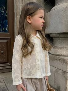 Dazy Kids 女童（小號）領口短袖紋理鏤空設計T恤 - 米色 - 查看 2