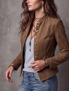 Solivie Women's Solid Color Casual Versatile Daily Long Sleeve Jacket - Coffee Brown - View 4