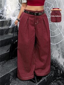 Jeanoix Y2K Plus Size Women Non-Stretch Denim Straight Leg Pants Burgundy Striped Design Straight Leg Long Pants Cowboy Outfits For Women - Red - View 8