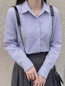 DAZY 女款條紋單排扣商務休閒長袖襯衫 - 紫色 - 查看 2