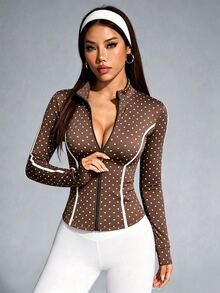 SHEIN Sovereign Charm 波點印花前拉鍊修身運動夾克 - 彩色 - 查看 4