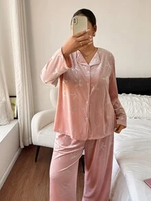 Napfluff CURVE Napfluff CURVE Plus Size Women's Embossed Gold Velvet Pajama Set - Pink - View 5