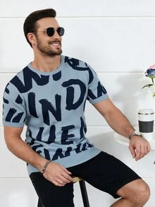 Marcello Vane Men's Letter Print Crew Neck Short Sleeve Casual Knit Top - Multicolor - View 4