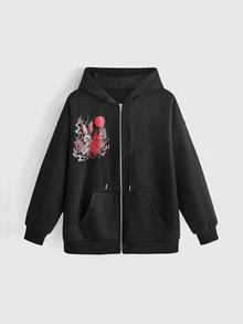 ROMWE Avant Japanese Style Plus Size Women's Hooded Sweatshirt Jacket With Rabbit Flame Print, Loose Street Casual Zip-Up Top Halloween - Black - View 2