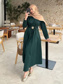 Solavon Women's Solid Color Metal Decor Casual Modest Elegant Party Office Tea Party Long Dress Dark Green Autumn - Dark Green - View 6