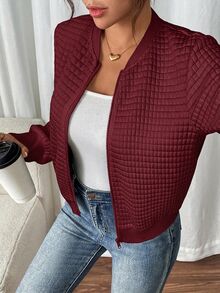 SHEIN Frenchy 女款純色長袖拉鍊領休閒棒球夾克 秋冬款 - 酒紅色 - 查看 4