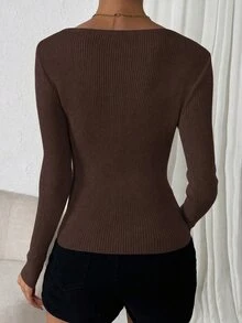 SHEIN Women's Solid Color V-Neck Long Sleeve Fitted Pullover Sweater - Coffee Brown - View 2