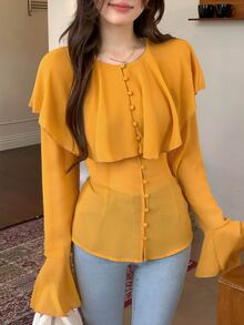 DAZY بلوزة نسائية بلون موحد مع تصميم رقعات وكشكشة وأكمام طويلة وأزرار أمامية موضة للخريف - أصفر - مشاهدة 7