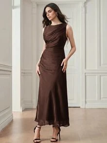 Anewsta Women's Elegant Dark Brown Shiny Round Neck Sleeveless Cinched Waist Long Dress For Wedding Guest Party Ceremony - Dark Brown - View 4