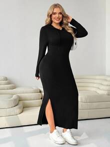 SHEIN CURVE+ 黑色休閒大尺碼女款長袖側開衩下擺連帽洋裝 秋季 - 黑色 - 查看 4