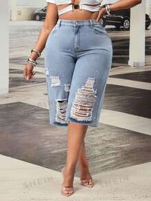 SHEIN CURVE+ Cowgirl Outfit Plus Size Women's Blue Non-Stretch Distressed Frayed Rhinestone Capris - Light Wash - View 4
