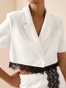 Briarwyn Women's French Lace Patchwork Button Jacket And Slit Mini Skirt 2 Pieces Set - White - View 2