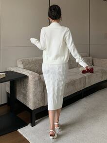 Feyla Women's Solid Color Long Sleeve Knit Cardigan And Camisole Knit Dress Elegant Set - White - View 2