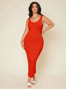 SHEIN BASICS 大尺碼純色貼身休閒晚餐約會洋裝 夏季女款優雅連身裙 - 亮橙色 - 查看 8