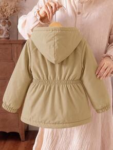SHEIN Elladie kids 1件女款冬季新款粉色花卉保暖內裡拉鍊開襟外套，彈性腰頭連帽衛衣，加厚保暖休閒通勤百搭極簡時尚防寒夾克 - 卡其色 - 查看 2