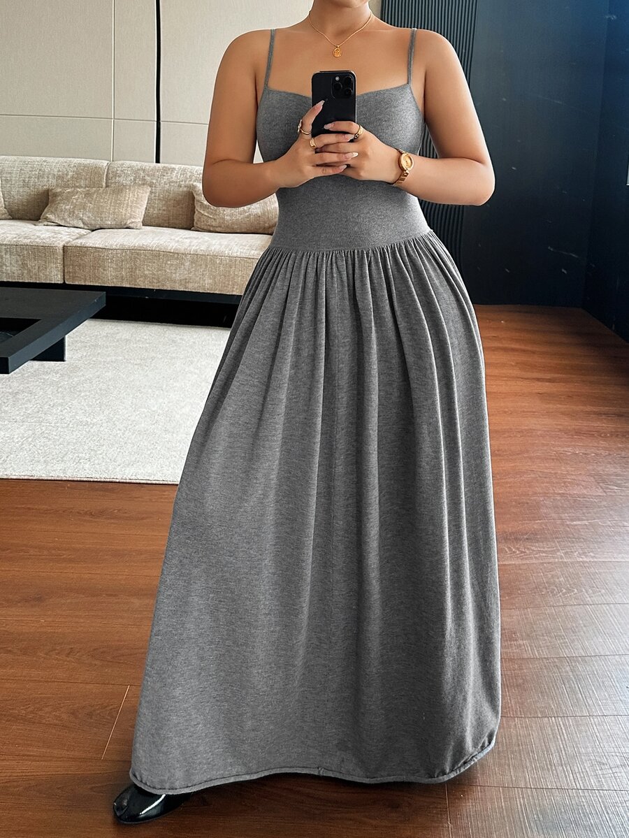 Dazy Plus Solid Color A-Line Spaghetti Strap Dress, Elegant Casual Spring/Autumn Sweater Dress - Grey - View 1