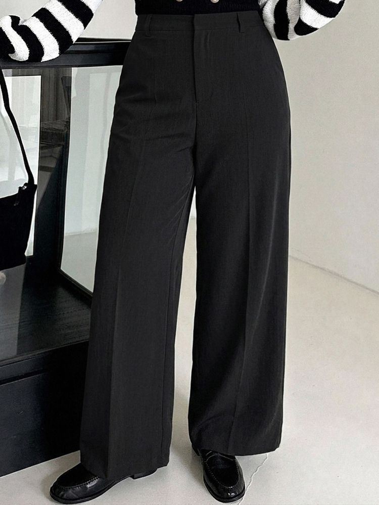 Dazy Plus Semi-Elastic Waist Solid Color Casual Fun Commute Versatile Office Wear Long Pants - Black - View 5