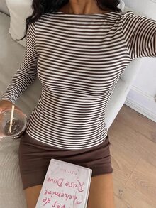 CovetEZ 棕色條紋長袖T恤，秋冬服飾搭配，外出穿搭圖案上衣 - 彩色 - 查看 3