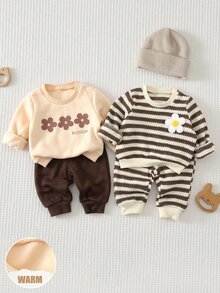 SHEIN 新生兒 2 件套條紋花卉衛衣與運動長褲，舒適居家與日常穿著 - 卡其色 - 查看 8