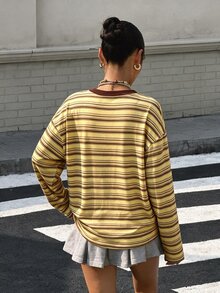Muchica 女款條紋針織圓領長袖休閒T恤 - 黃色 - 查看 2