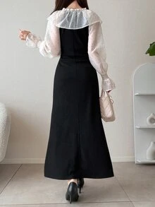 FRIFUL Gaun Elegan Wanita Motif Polkadot Patchwork dengan Ruffle dan Tali di Bagian Depan - Hitam dan Putih - View 3