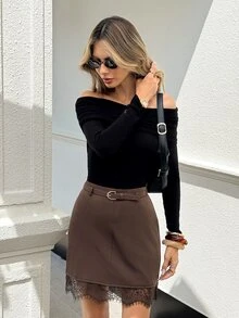 SHEIN Frenchy Women's Solid Color Lace Patchwork Elegant Fashion Skirt - Brown - View 4