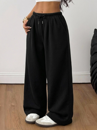 Coolane Women's Plus Size Solid Black Autumn Casual Home & Sports Pants - Minimalist Loose Mid-Waist Straight Leg Pants With Elastic Waistband Fall