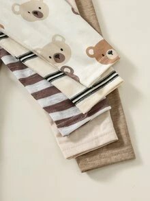 SHEIN 5件裝嬰兒男孩女孩通用針織軟彈腰條紋可愛熊圖案長褲，百搭舒適，適合秋冬穿著 - 彩色 - 查看 5