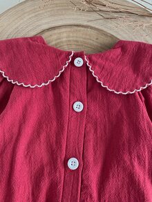 SHEIN Infant Girls Pastoral Embroidered Doll Large Collar Bowknot Cute Ruffle Elastic Cuff Long Sleeve Romper Autumn - Burgundy - View 6