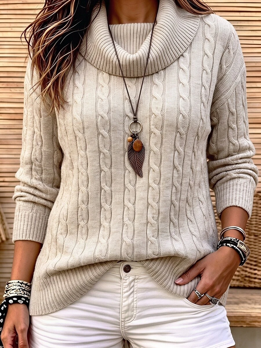 SHEIN Women's Solid Color Casual Versatile Daily Wear Long Sleeve Sweater - Apricot - View 1