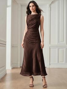 Anewsta Women's Elegant Dark Brown Shiny Round Neck Sleeveless Cinched Waist Long Dress For Wedding Guest Party Ceremony - Dark Brown - View 1
