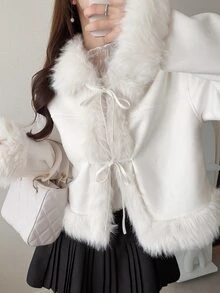 FRIFUL Women's Patchwork Fur Front Tie Long Sleeve Elegant Jacket - Beige - View 1
