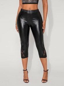 SHEIN SXY Women's Fashion Commute Lace Patchwork Leggings - Black - View 6