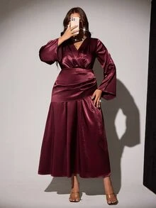 Viva Relle Plus Size Burgundy Satin V-Neck Fitted Ruched Waist Flared Long Sleeve Draped Asymmetrical Hem Evening Dress Fall - Burgundy - View 2