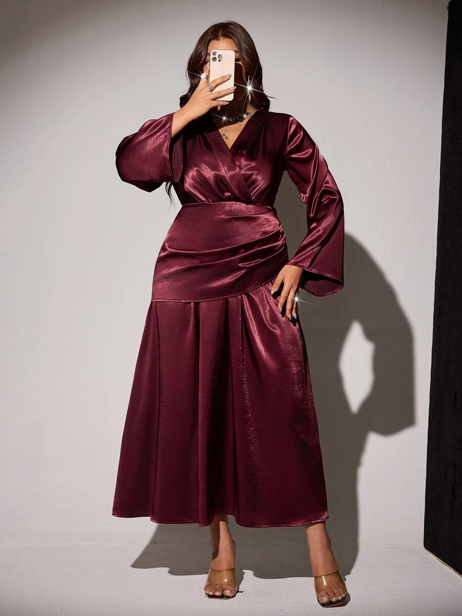Viva Relle Plus Size Burgundy Satin V-Neck Fitted Ruched Waist Flared Long Sleeve Draped Asymmetrical Hem Evening Dress Fall