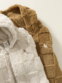 SHEIN 中性嬰兒男/女童、幼兒 2件組秋冬休閒可愛毛絨連帽夾克外套多件套裝，嬰兒加厚棉襖，冬季外套，抓絨加厚 - 杏色 - 查看 4