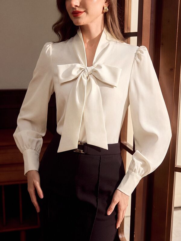 Vintamour Vintage Elegant Women's Blouse With Bow Tie Neck, Casual Commute Holiday Festival Autumn/Winter Top