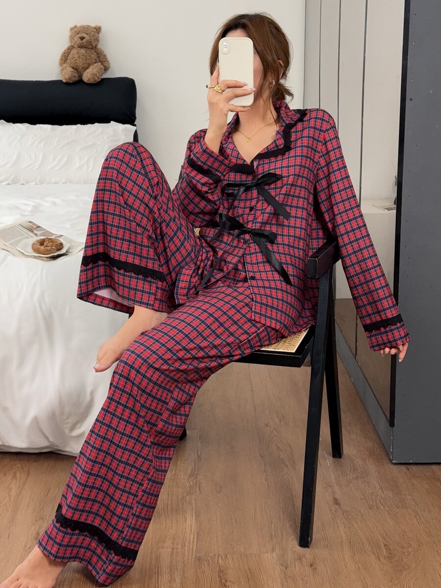 Napfluff Korean Style Colorblock Bow Plaid New Long Sleeve Long Pants Pajamas Homewear For Women Autumn - Red - View 1