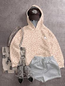 SHEIN 復古甜美學院風豹紋騎士馬圖案，青少年女孩休閒長袖連帽衛衣，適合秋冬戶外野餐、出遊、街頭風、校園、休閒、開學季、Y2K、韓系、隨性 - 白色 - 查看 3