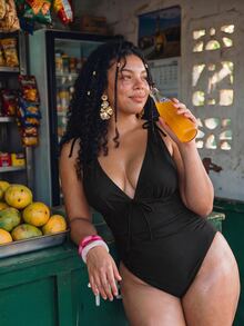 Swim Mod Plus Size Sexy Strappy One-Piece Swimsuit For Vacation - Black - View 5