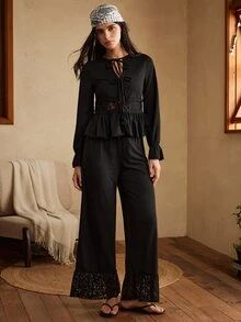 Lullawish Bohemian Lace Hollow Out Women's Pajama Set - Black - View 3