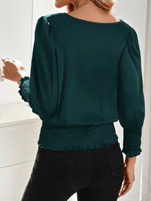SHEIN LUNE 休閒夏季新年派對下擺抓褶襯衫 - 綠色 - 查看 2